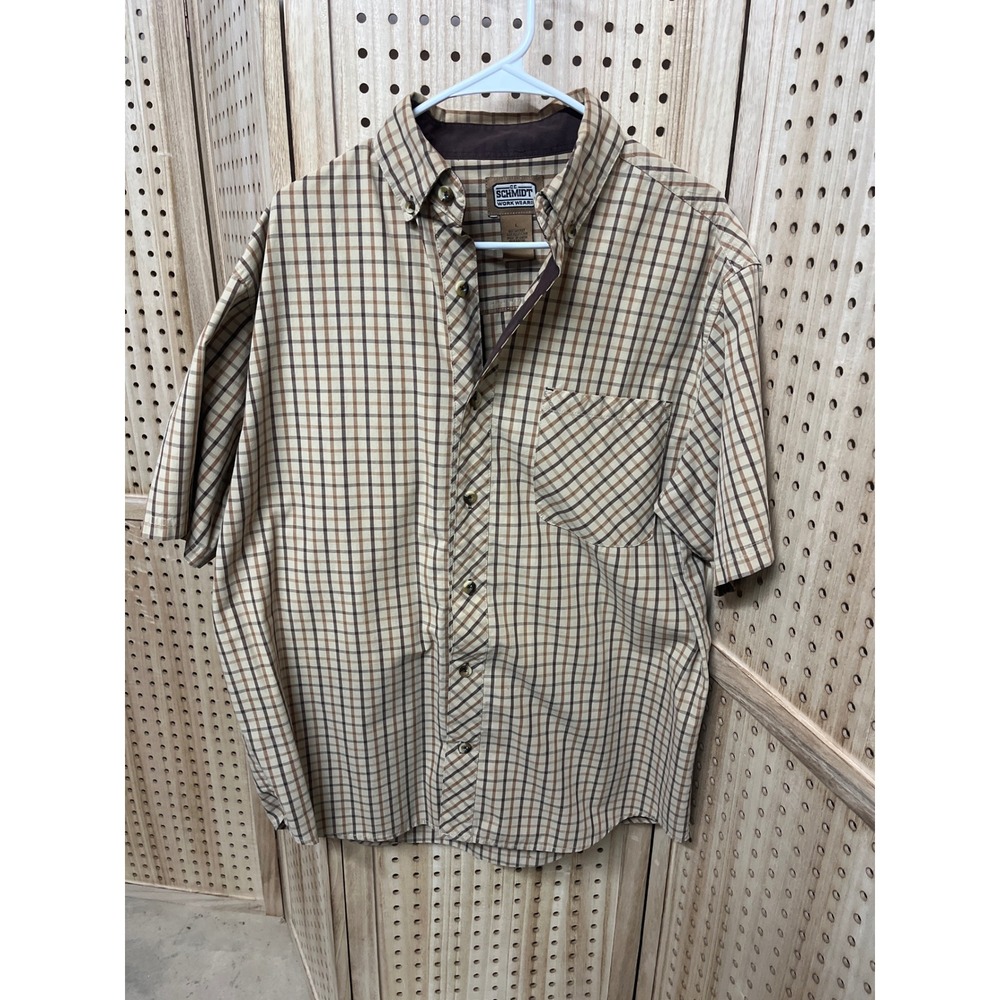 CE Schmidt Workwear Mens Large Brown Plaid Short Sleeve Button Down Shirt L